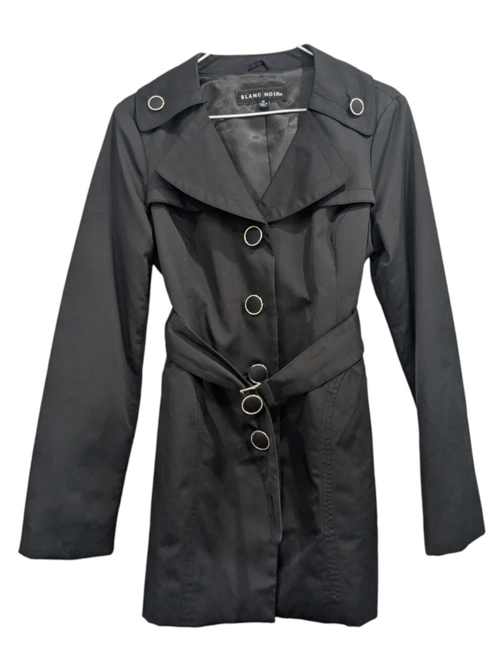 Blanc Noir Classic Black Trench Coat with Silver Hardware Medium